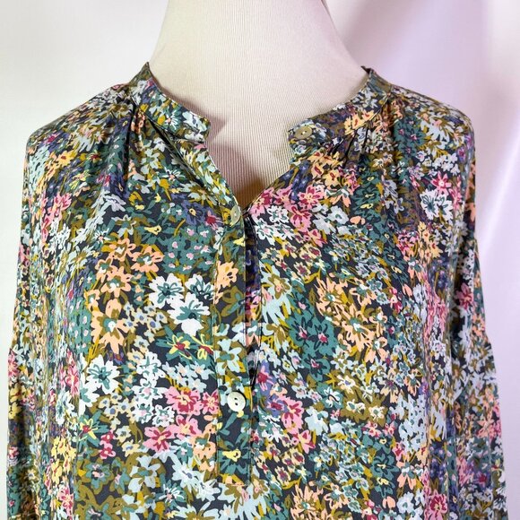 J. Jill Size XL Floral Print Popover Blouse Rayon Green Blue - Picture 3 of 11